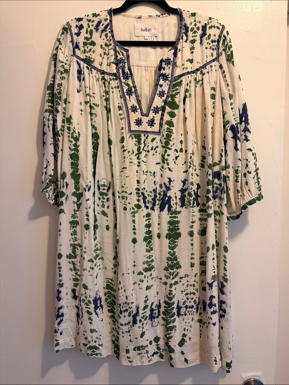 ba&sh Cream Tunic Dress with Green & Navy Tie-Dye